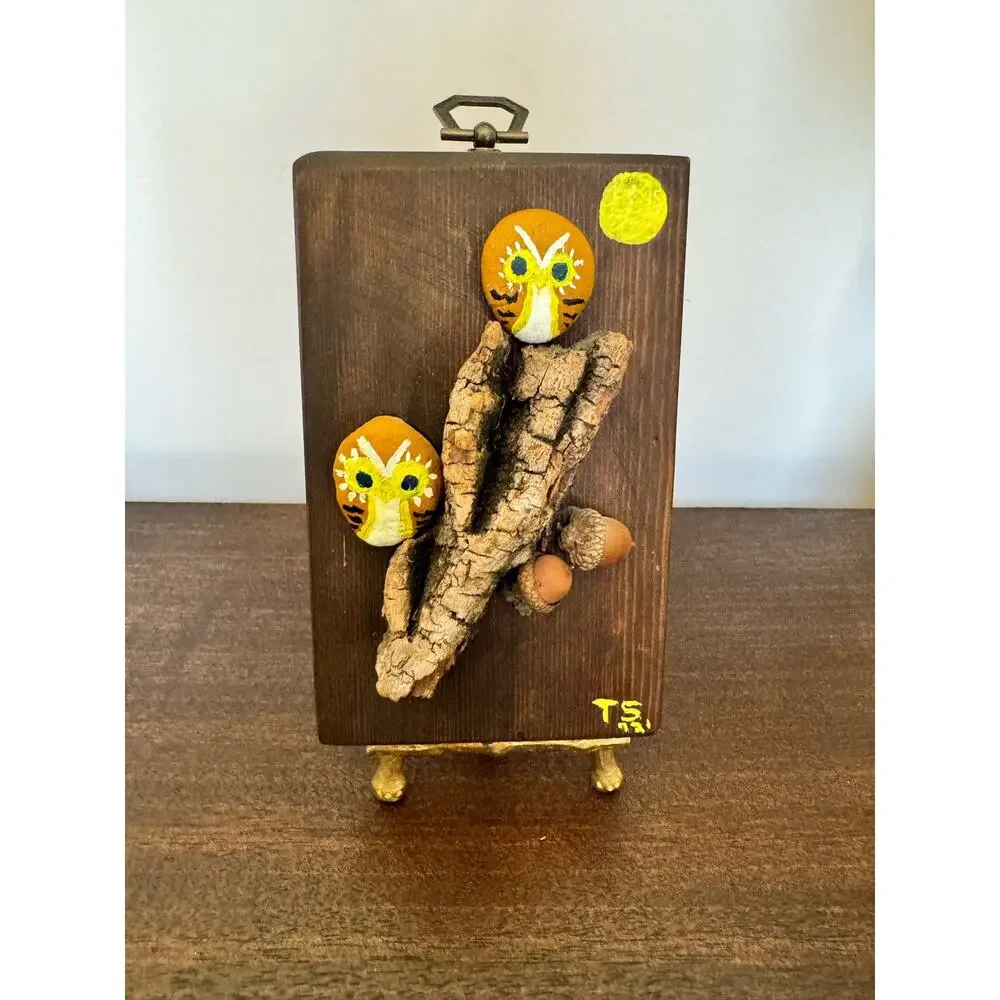 Owl Rock Vintage 72 Hanging Wood Plaque Hand Painted Cottage Core Folk Art